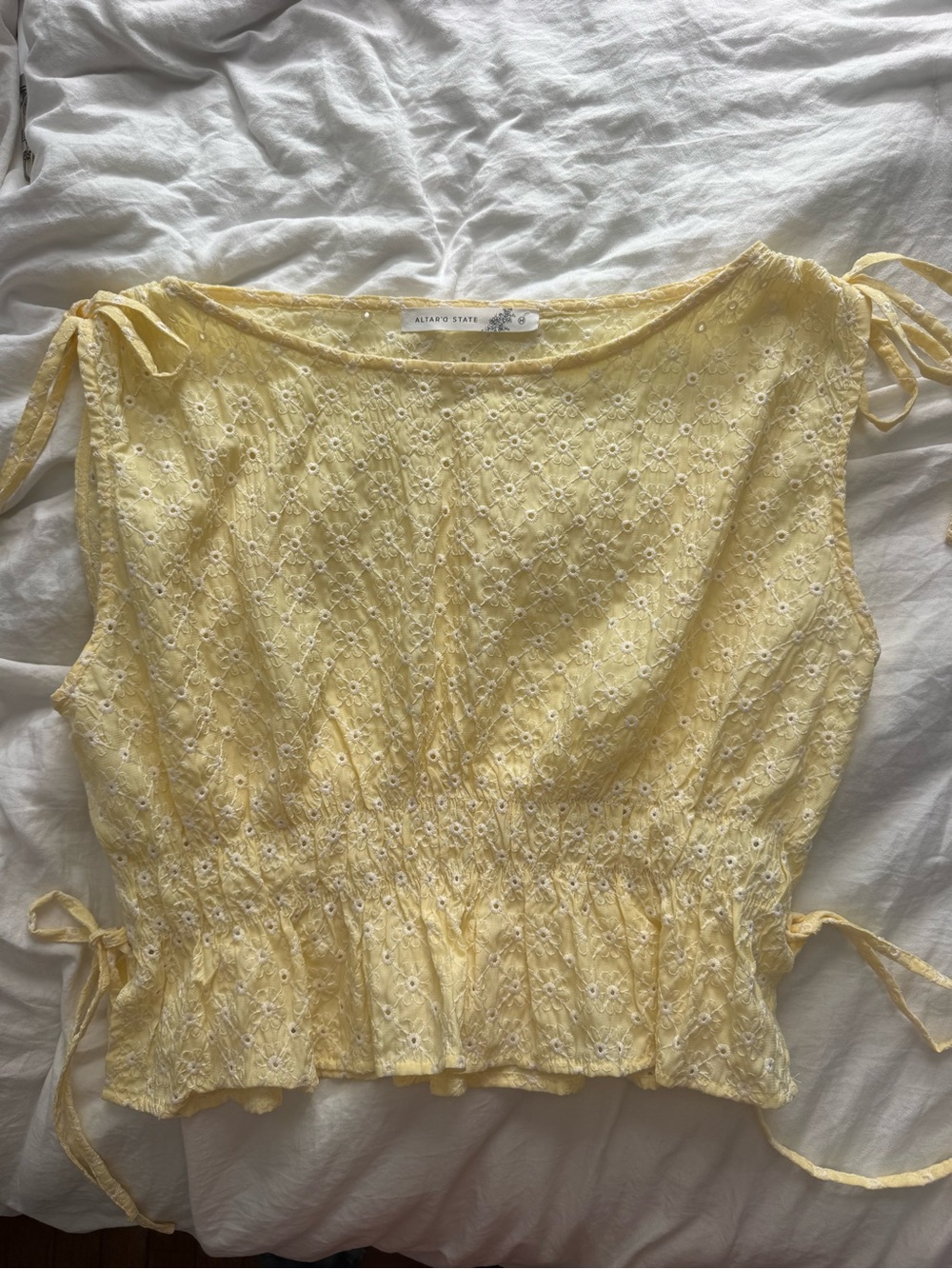 Altar'd State Pale Yellow Eyelet Tie-Shoulder Smocked Waist Top